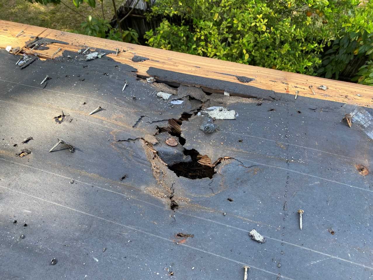 Deteriorated roof substrate exposed during tear-off on an Orlando shingle reroof